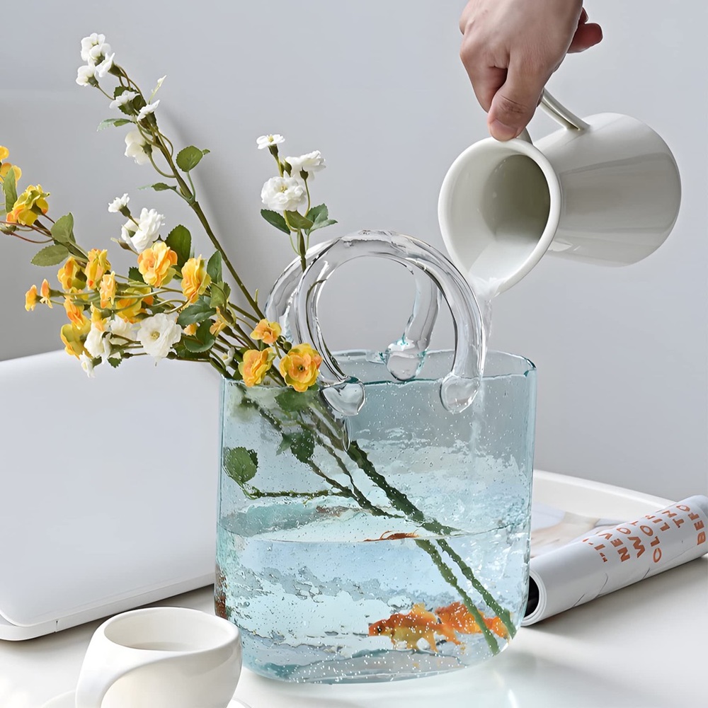 NEW! Glass Purse Vase. Light Blue Glass Vase with Air Bubbles, High-Class Bag